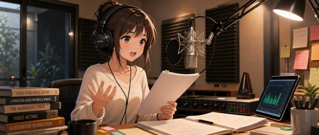 発声練習をするナレーターと必要なスキルのイメージ
