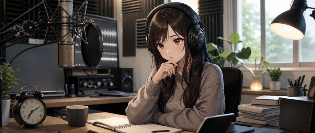 ヘッドホンを着けて宅録するオーディオブックナレーターの女性
