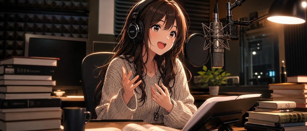 マイクの前で楽しそうに朗読するオーディオブックナレーターの女性
