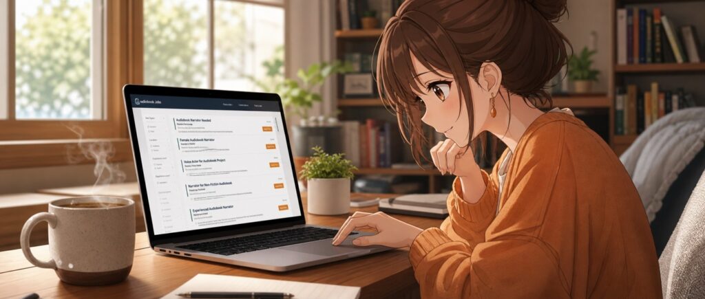 パソコンで募集情報を探すオーディオブックナレーター志望者