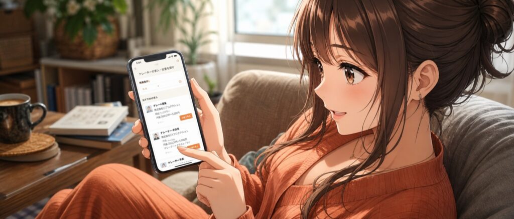 スマートフォンで複数の募集サイトをチェックする様子